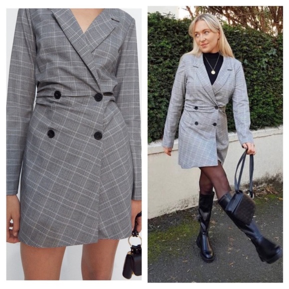 Zara Grey Plaid Check Double Breasted Blazer Mini Dress. - Picture 1 of 4